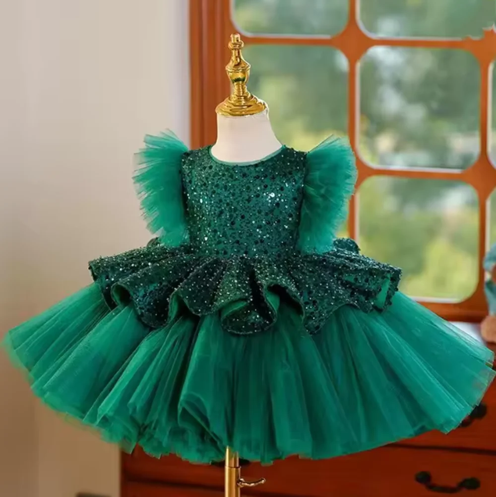 

Children's green sequined tutu dress flying sleeves high-end princess birthday girls party dresses piano performance