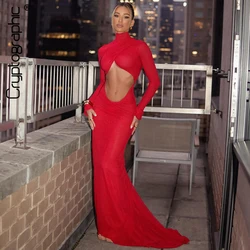 Krypto grafische elegante rot aus geschnittene Maxi kleid für Frauen Party Club Outfits Langarm geraffte sexy rücken freie Kleid Geburtstags kleider