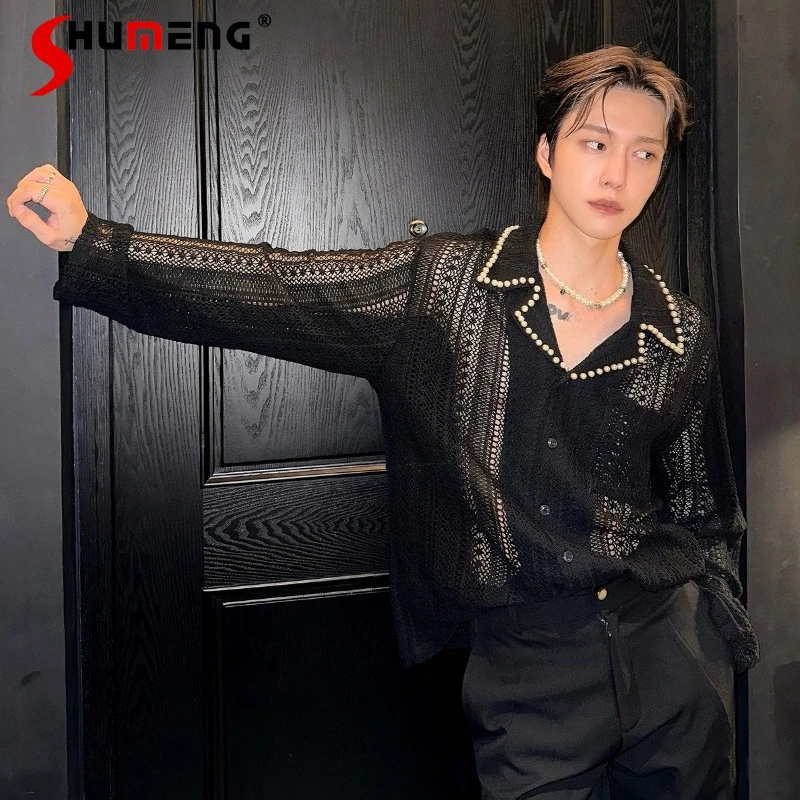 

Men's 2025 Autumn New Solid Color Shirts Pearl Hollow Out Lace Decoration Long Sleeve Shirts Loose Comfort Trendy Versatile Tops