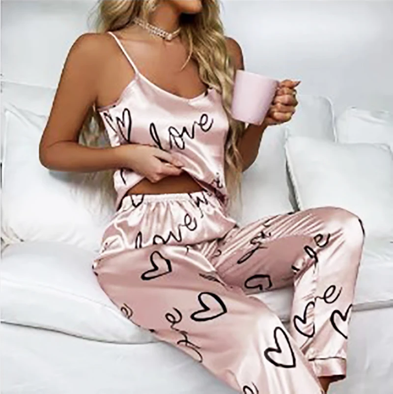 Conjunto de pijama Sexy de satén para mujer, ropa de dormir de seda, sin mangas, para el hogar