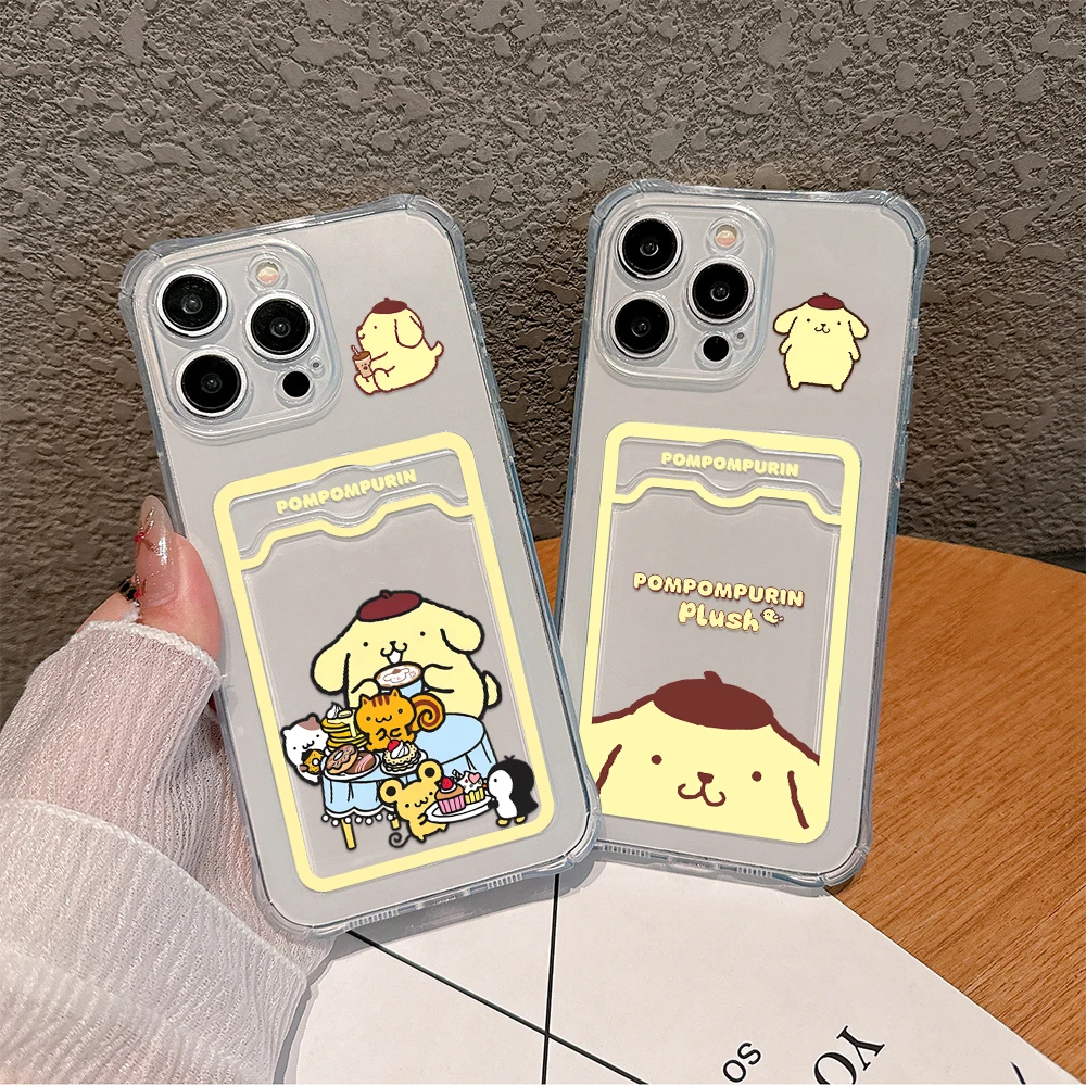 Cute Anime Pom Pom Purin Card Hold Case For iPhone 15 14 13 12 11 Mini Pro Max X XR XSMax 6S 7 8 Plus SE20 Anti-fall Clear Cover