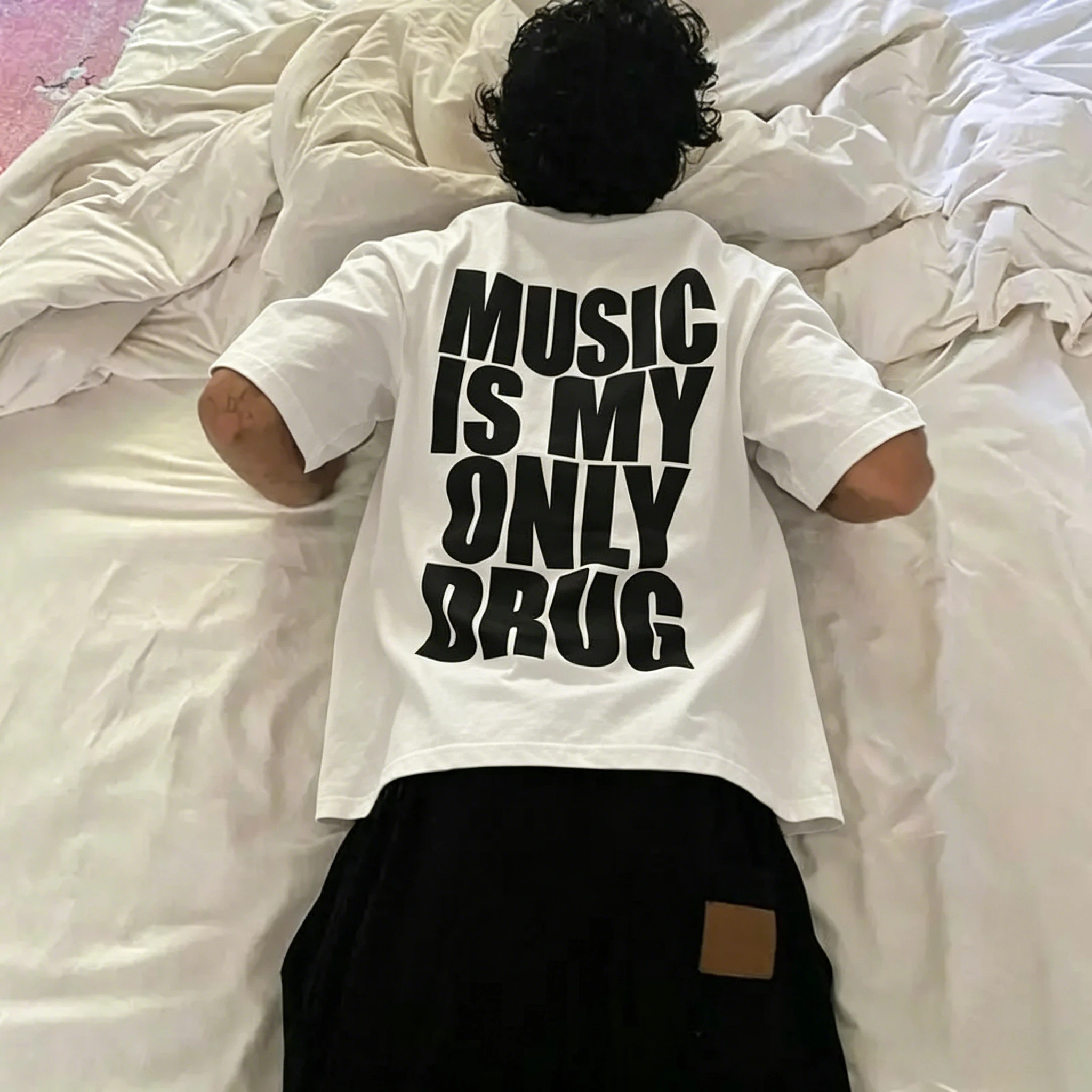 Men Women Music Is My Only Drug Letter Print T Shirt 100% Cotton Summer Short Sleeve Ins Niche Trendy Hip Hop Streetwear Loose