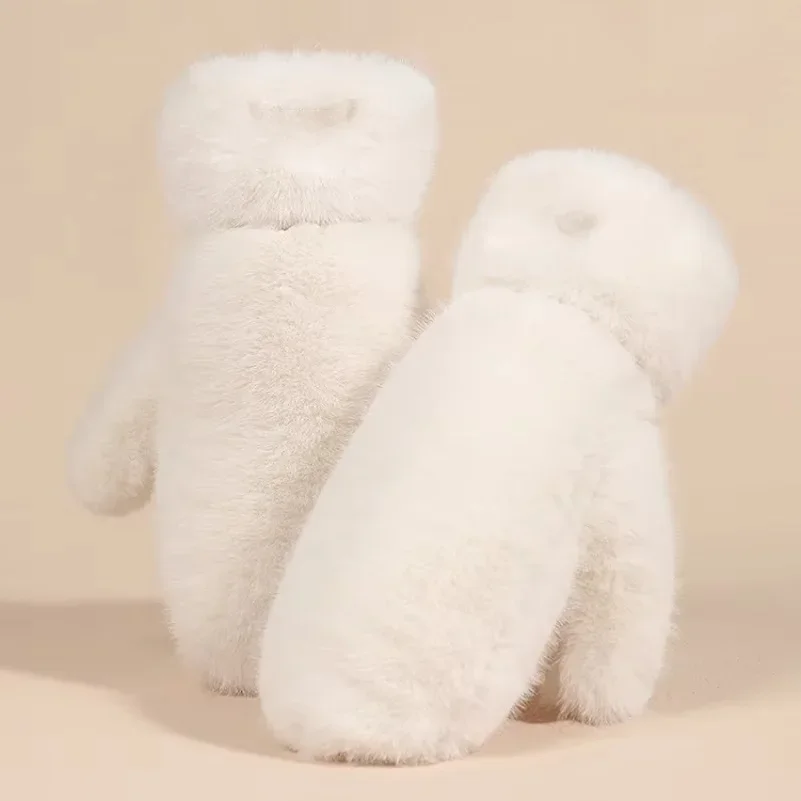 Women Winter Imitation Rabbit Fur Mittens, Windproof Plush Thick Warm Plus Cashmere Soft Full Fingers