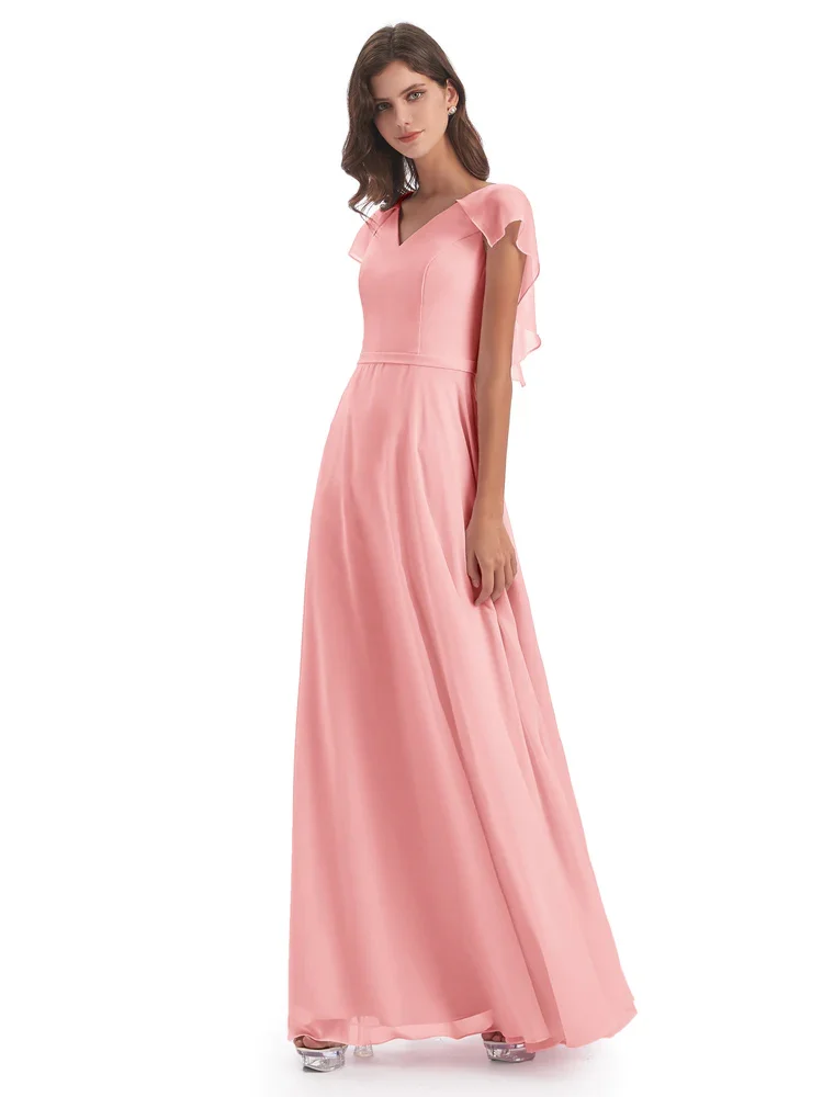 New Product A-Line V Neckline Short Cap Sleeves Floor-Length Chiffon Bridesmaid Dress Elegant Zipper Back Gown For Wedding Guest