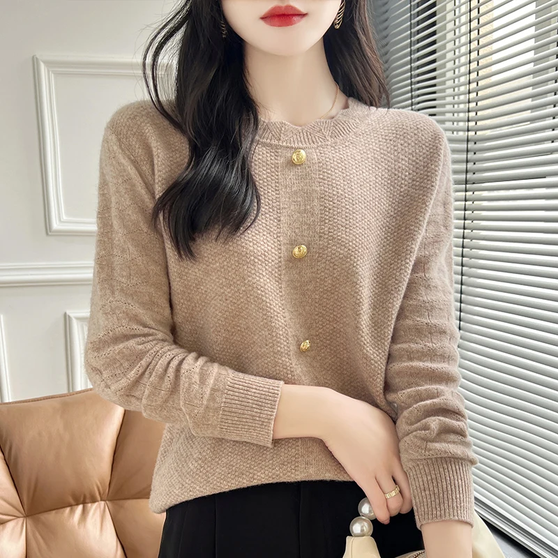 Sweater kasmir wol Merino wanita, atasan baju rajut bawah hangat kerah O musim gugur/musim dingin 100%