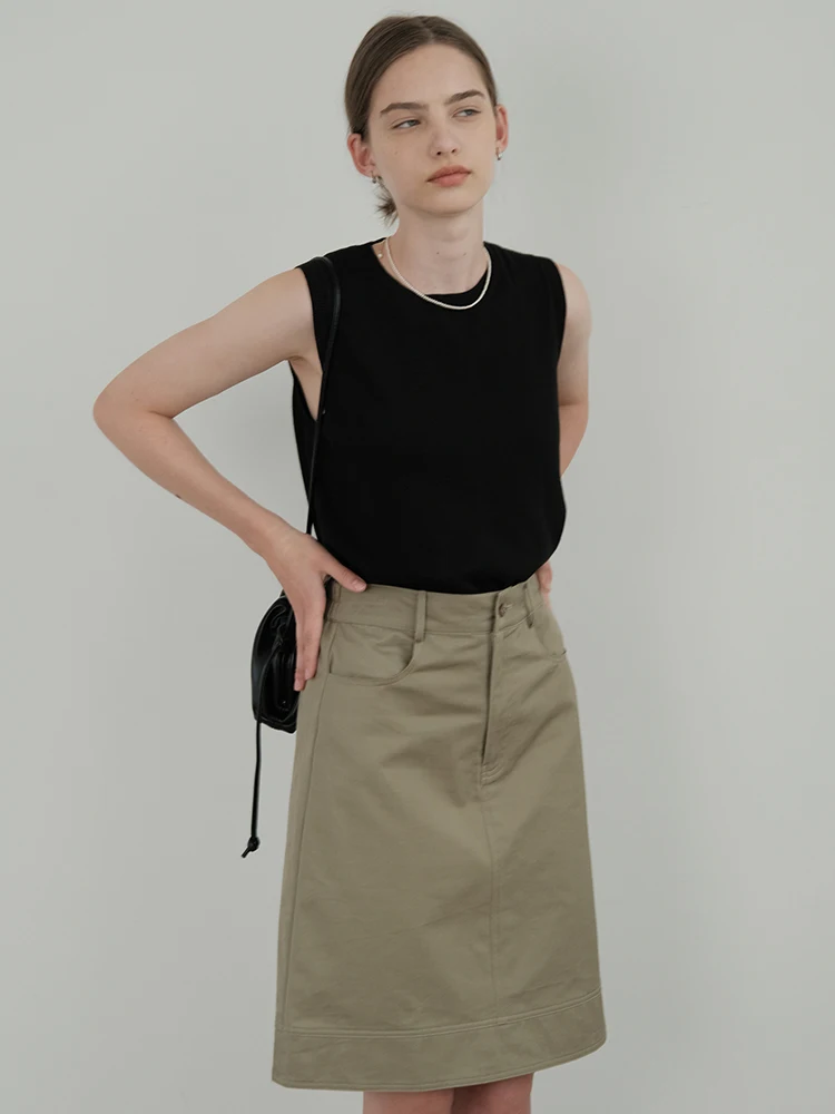 Retro Khaki A-Line  Skirt for Women Commute Casual High Waist Summer Smart Dressing Five-Quarter Length Skirts