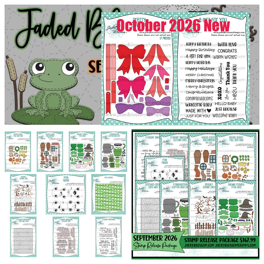 Jaded Blossom Pretty Bow Gnome Friends: Frog Metal Cutting Dies Stamps for DIY Handmade Scrapbook Card Calendar October 2026 New