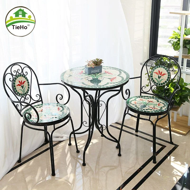 European Style Outdoor Tables Chairs Set Household Balcony Courtyard Iron Mosaic Table Lesure Chair Vintage Outdoor Furniture