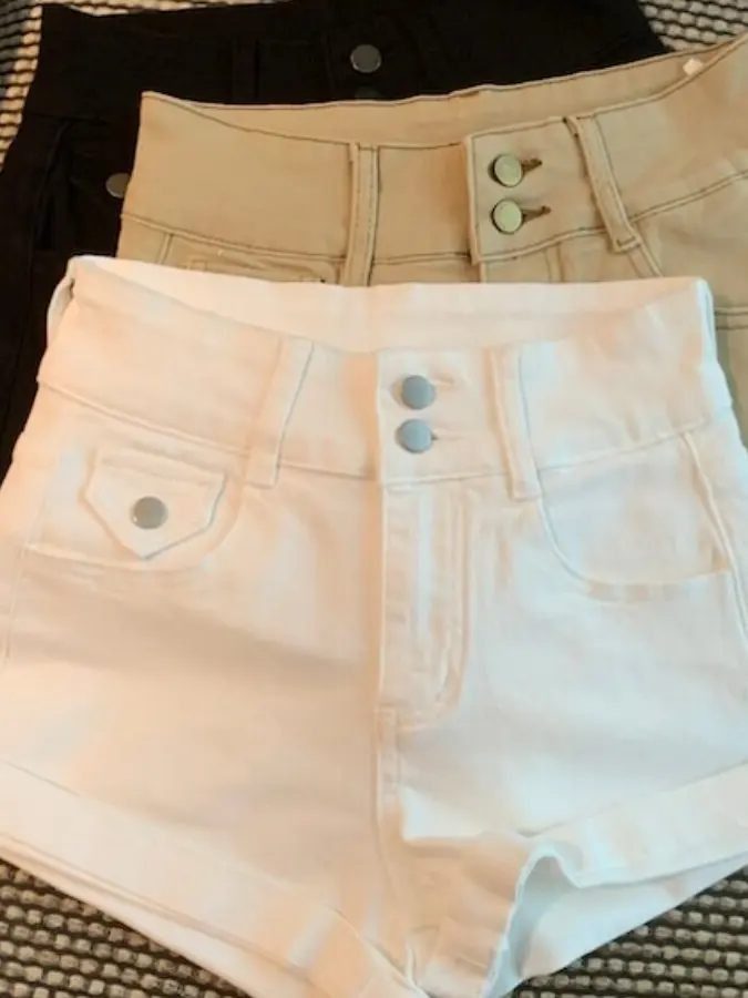 

American Style Hot Girl High Waist Double Buckle Denim Shorts Women Summer New Slimming Cuffed A-Line Hot Pants