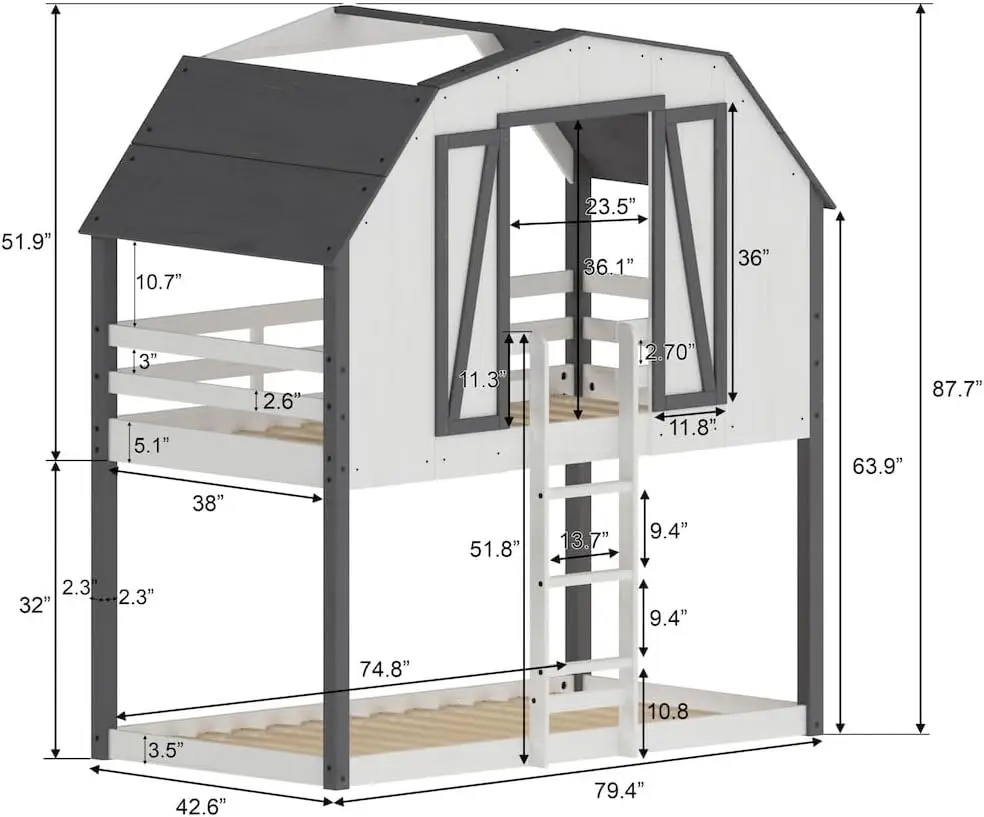 Rustic Barn Twin Over Twin House Bunk Bed For Kids, Low Wooden Montessori Bunk Bed, Easy Access Ladder To Top Bunk