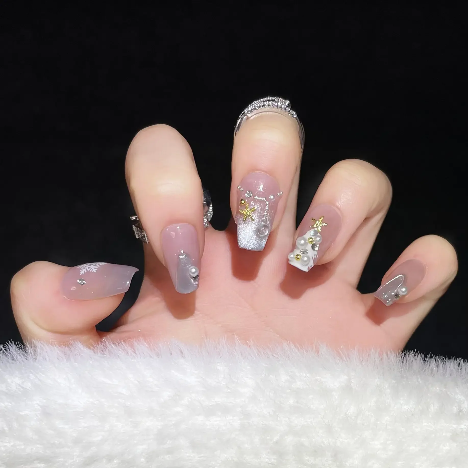 Winter Christmas Press On Nails Handmade Super Glitter White Cat Eye Plaster Christmas Tree Fake Nail Patches Removable