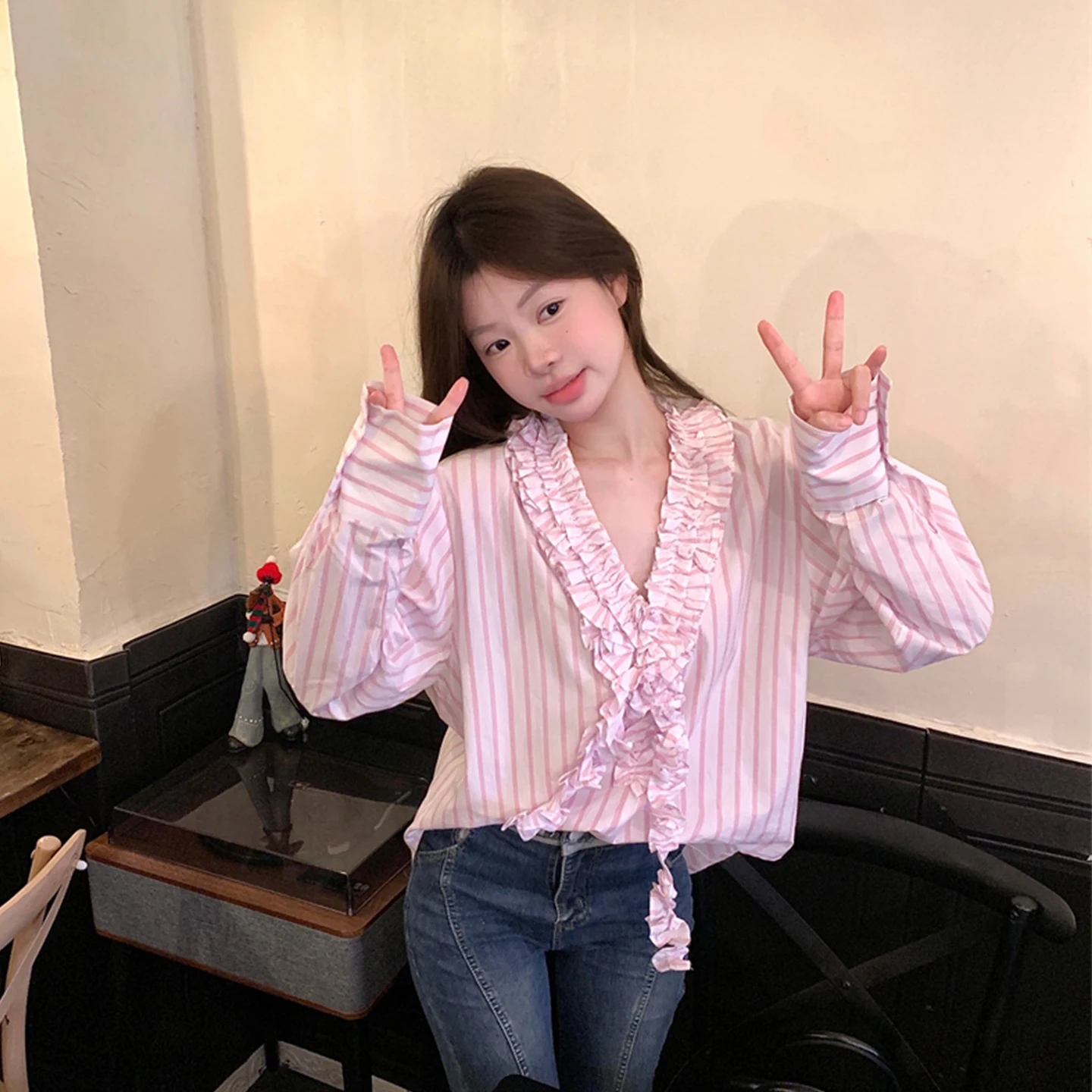 

Pastel Pink V-neck Striped Long Sleeve Shirt Women's Spring Autumn Sweet Cute Style Small Audience Anti-aging Top