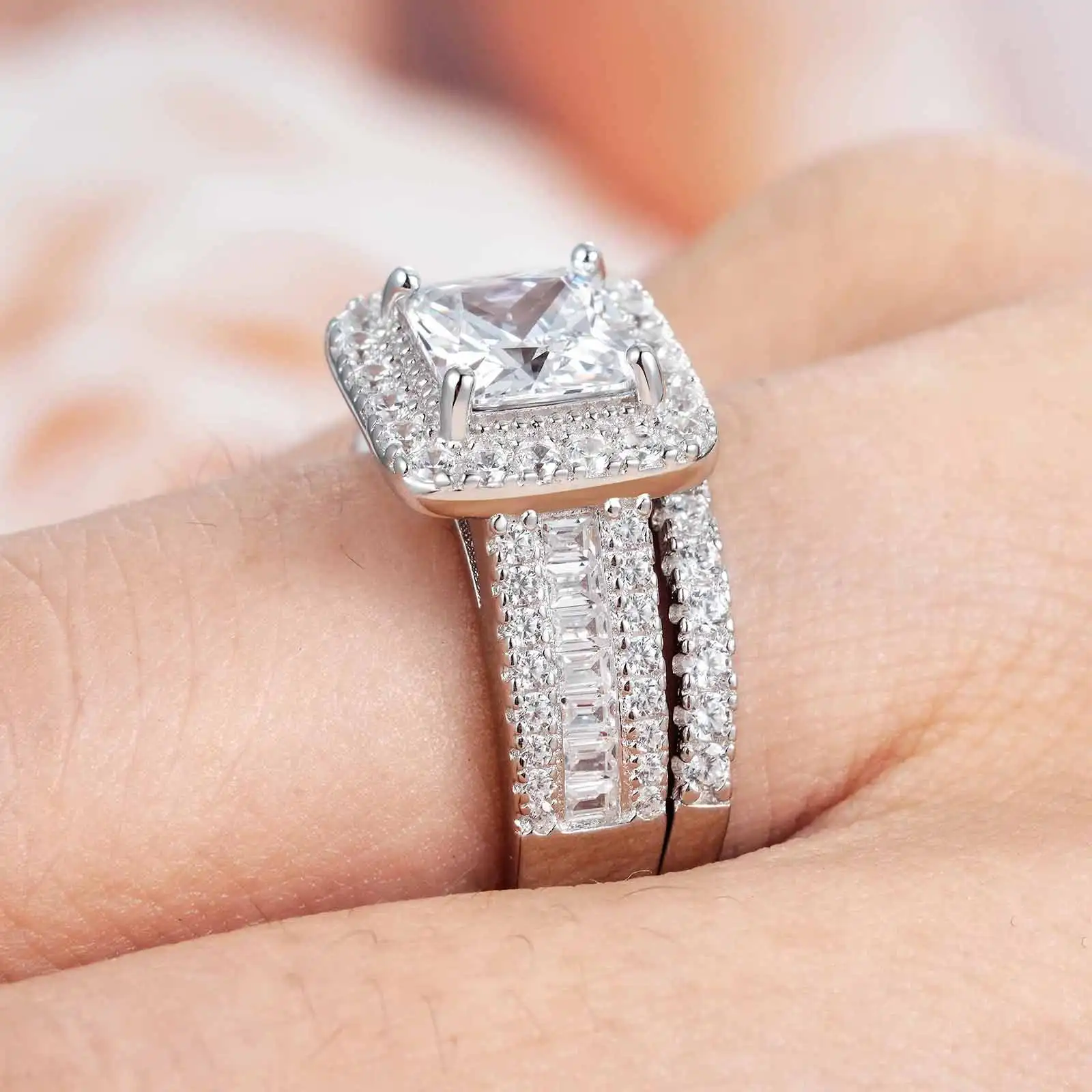 Newshe 925 فضة مجوهرات الزفاف مجموعات خاتم الزفاف للنساء 3.5 CT تقليد الماس الأميرة قص AAAAA مكعب الزركون