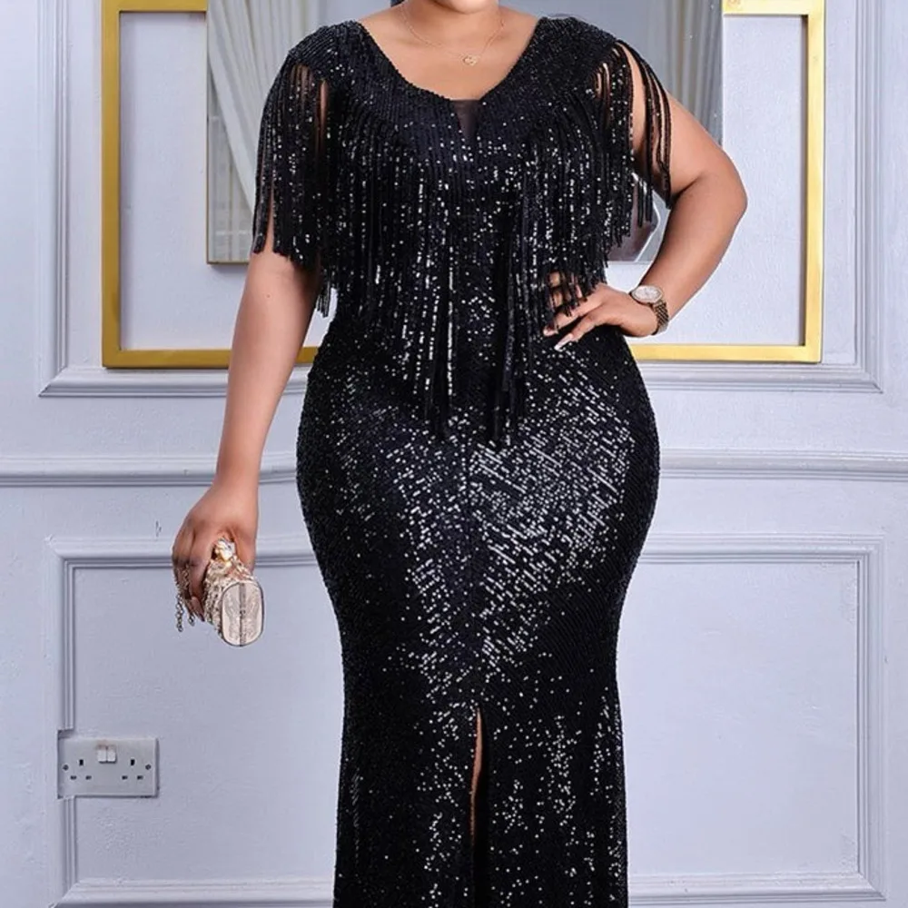 

Oversize sexy slim sequins tassels women's dress evening dress