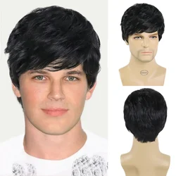 Businessman Black Mens Wigs Short Hair Natural Wigs with Bangs Handsome Haircut Black Wigs for Men Halloween Costume Wig Cosplay