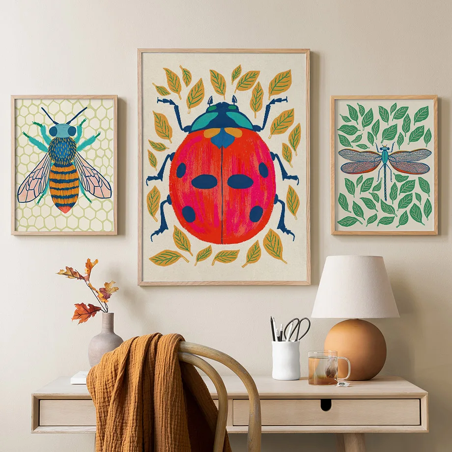 1pc frameless Colorful Insect Wall Art Boho Ladybug Bee Dragonfly Butterfly Prints Nature Botanical Posters Aesthetic Room Kids