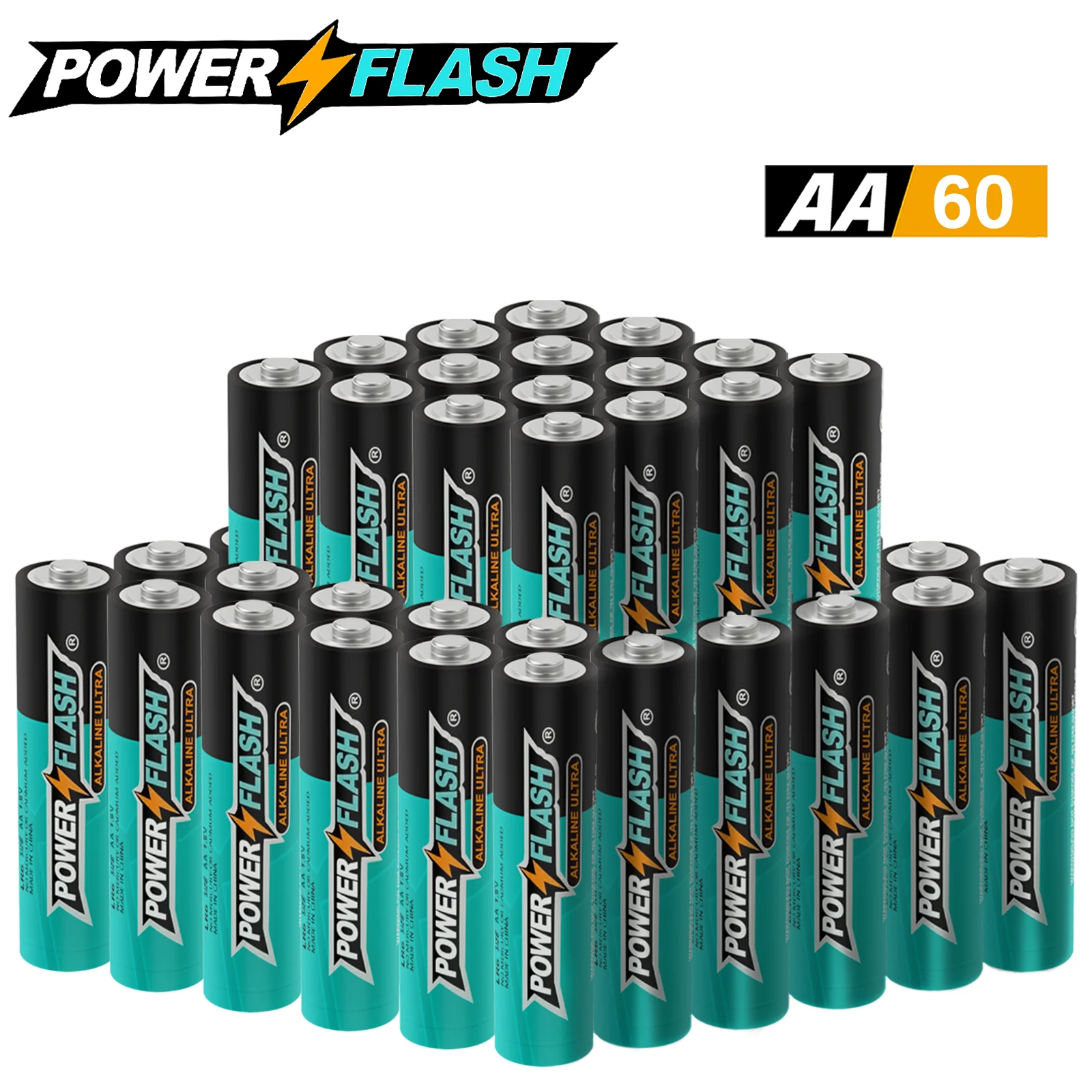 

Powerflash Aa60Pack Batteries Power, герметичная конструкция, 12-летняя гарантия свежести, щелочные батареи премиум-класса