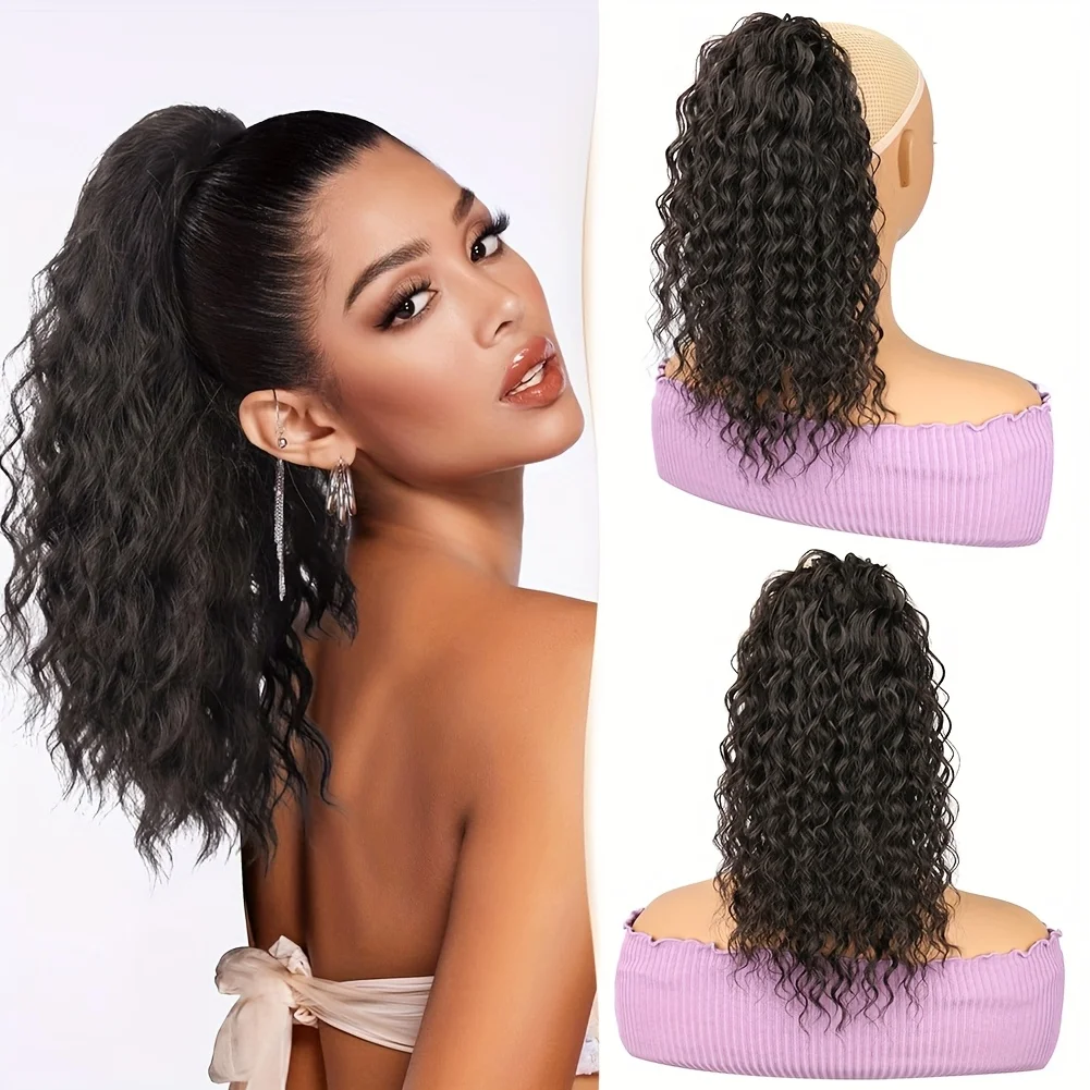 

14"Deep Wave Drawstring Ponytail Synthetic Hair Extensions Natural Fluffy Wavy Pony Tail Hairpiece For Women Daily Party Use