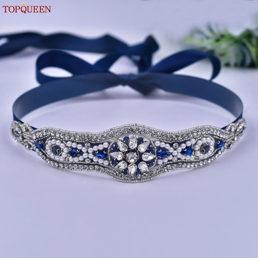 TOPQUEEN Popular Morrocan Robe Wedding Belt Bridal Satin Sash Blue Jeweled Applique Bridesmaid Sash S18-ML