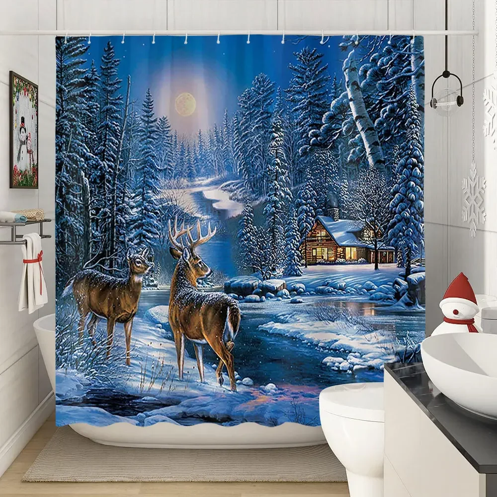 Cortina de ducha navideña de invierno, renos navideños, bosque natural, paisaje nevado, cortina de baño de granja, tela de poliéster, decoración de baño