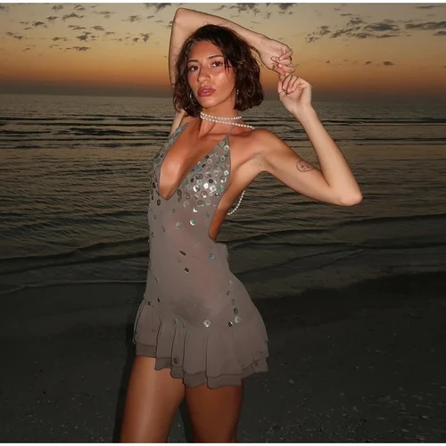 VEITCHE verano mujeres Halter lentejuelas con volantes Mini vestido mujeres con cuello en V sin mangas con cordones espalda descubierta plisado Sexy vestidos de playa