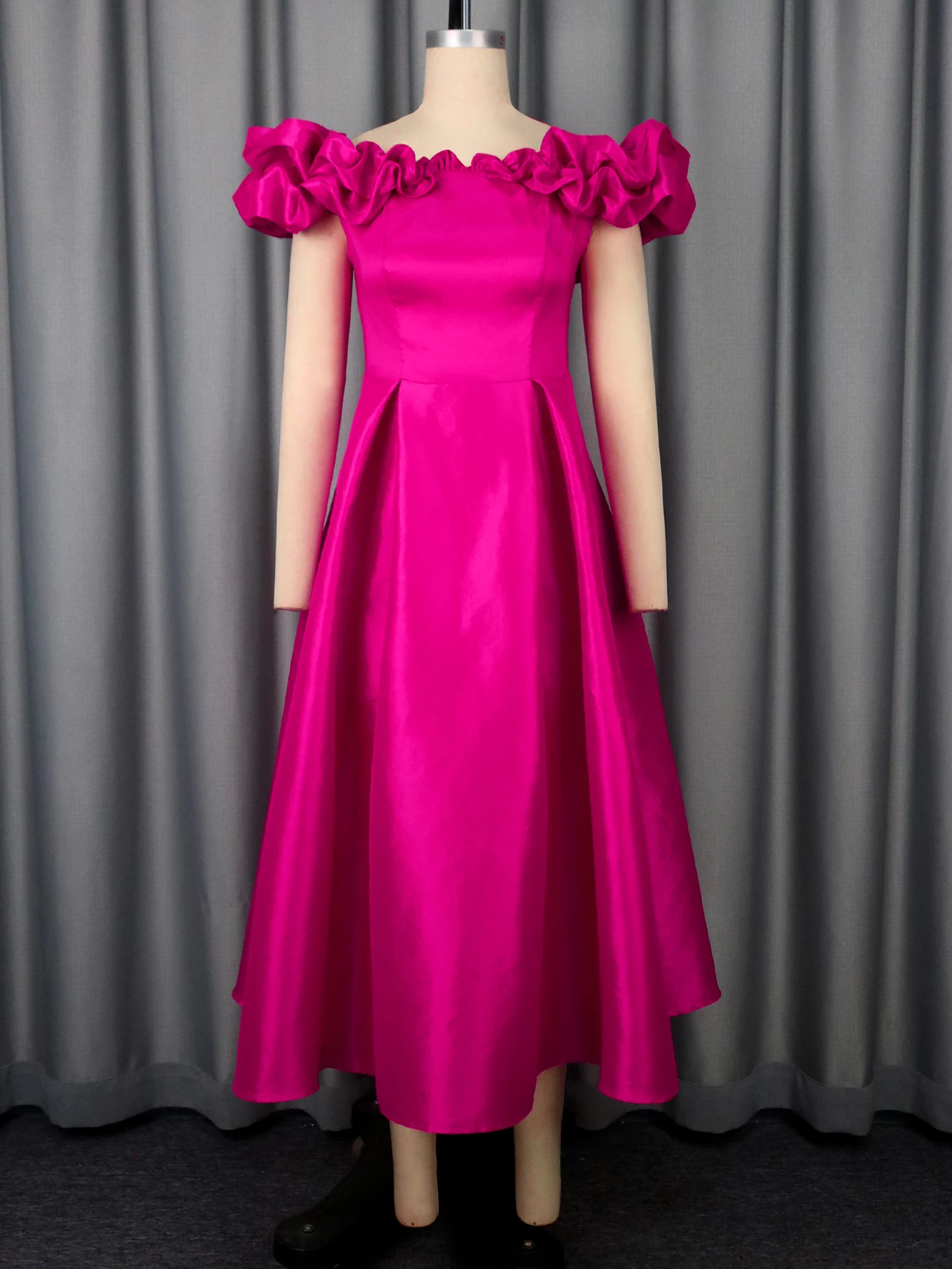 Vestidos acampanados con hombros descubiertos para mujer, cuello oblicuo, pliegues, cintura alta, moda femenina, elegante, fiesta nocturna, cita, vestidos largos de noche