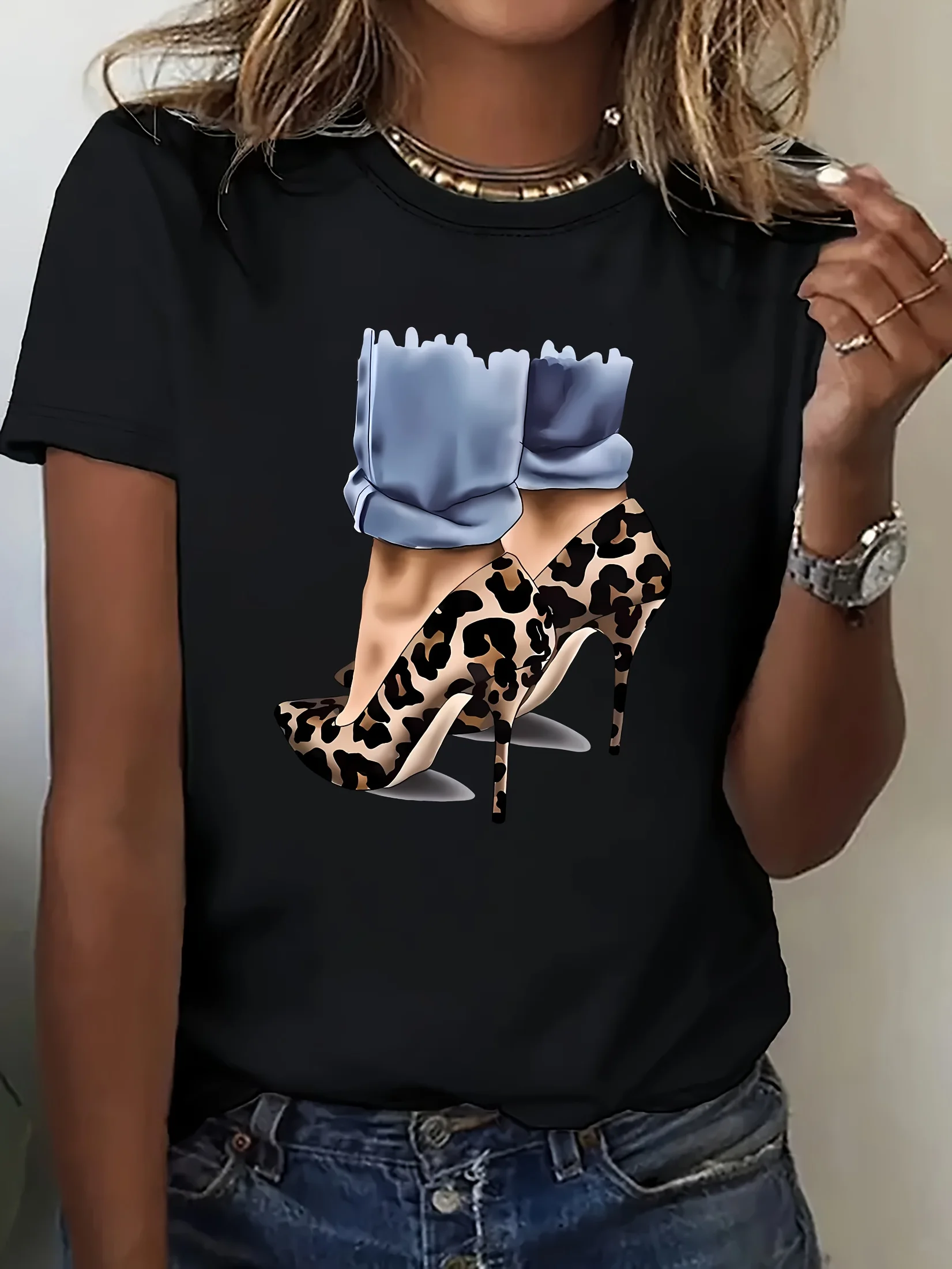 

Женская повседневная футболка с рукавами и леопардовым принтом на высоком каблуке с графическим рисунком Яркий оранжевый топ с круглым вырезом Полупрозрачная эстетичная одежда