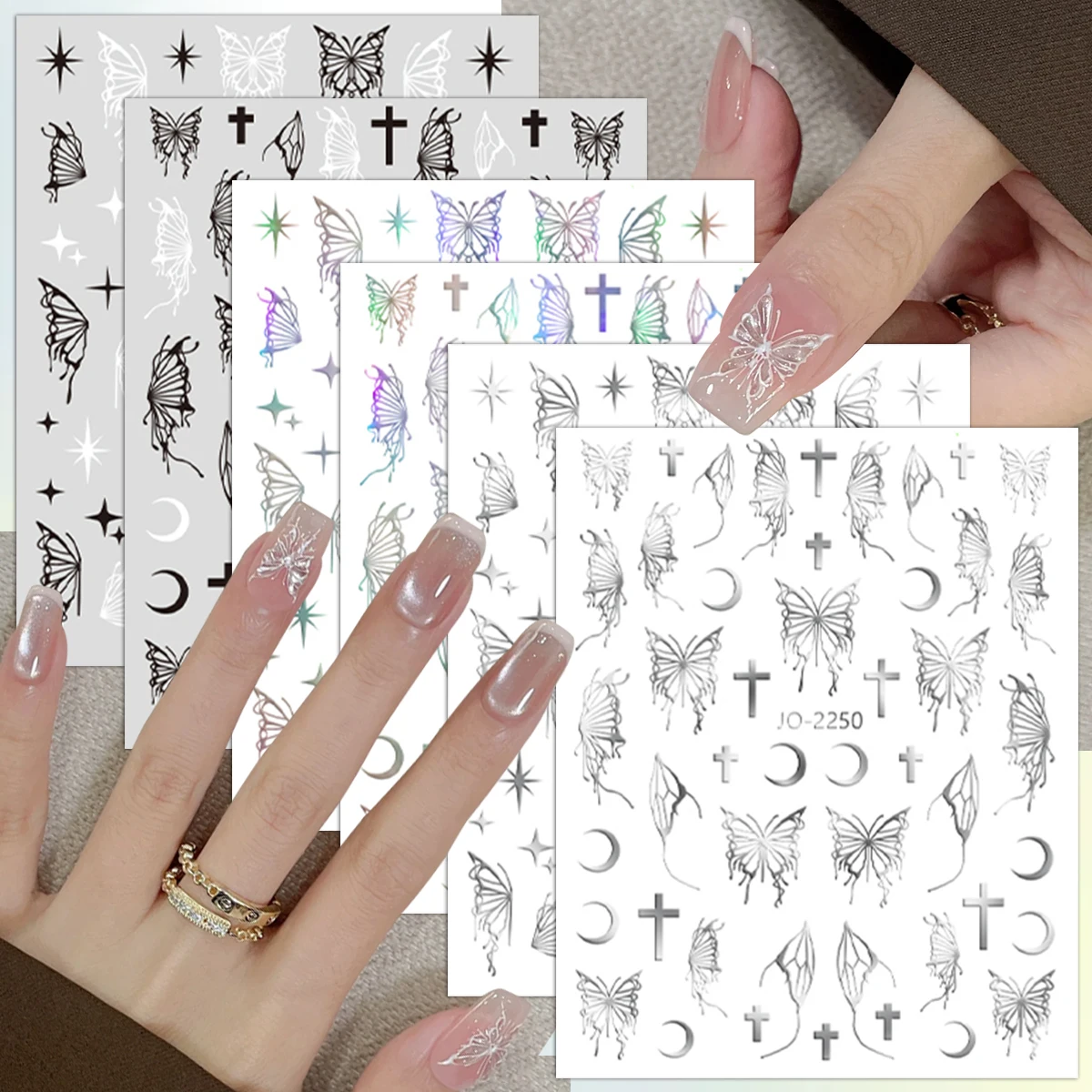 3/6/12 Blatt 3D-Schmetterlings-Nagelaufkleber, metallisches Silber, selbstklebende Mond-Stern-Abziehbilder für DIY-Maniküre-Dekorationen