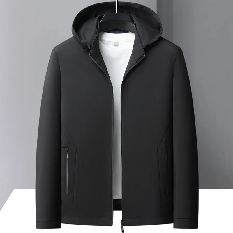 New Men's Spring Lapel Hooded  Zip-Up Jacket Spandex Fabric Casual Business Outerwear Windproof Anti-Wrinkle Coat