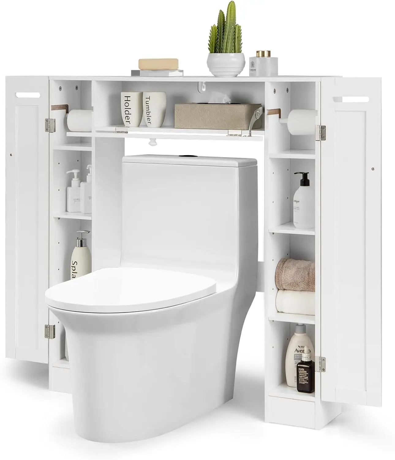 Over The Toilet Storage Cabinet,Bathroom Space Saver w/Adjustable Shelves & Paper Holder,w/ 2 Side & Pull-Down Door White