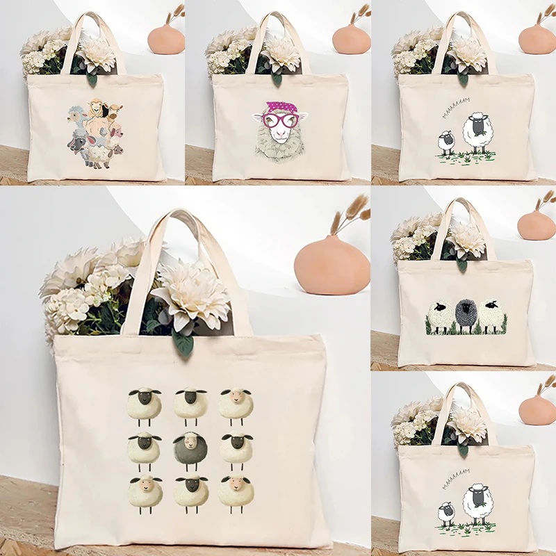 Alpaca Cute Cartoon Printed Canvas Shoulder Bag Organizer New Large Capacity Storage Tote Bag Travel Shopping Bags Handbag Gifts