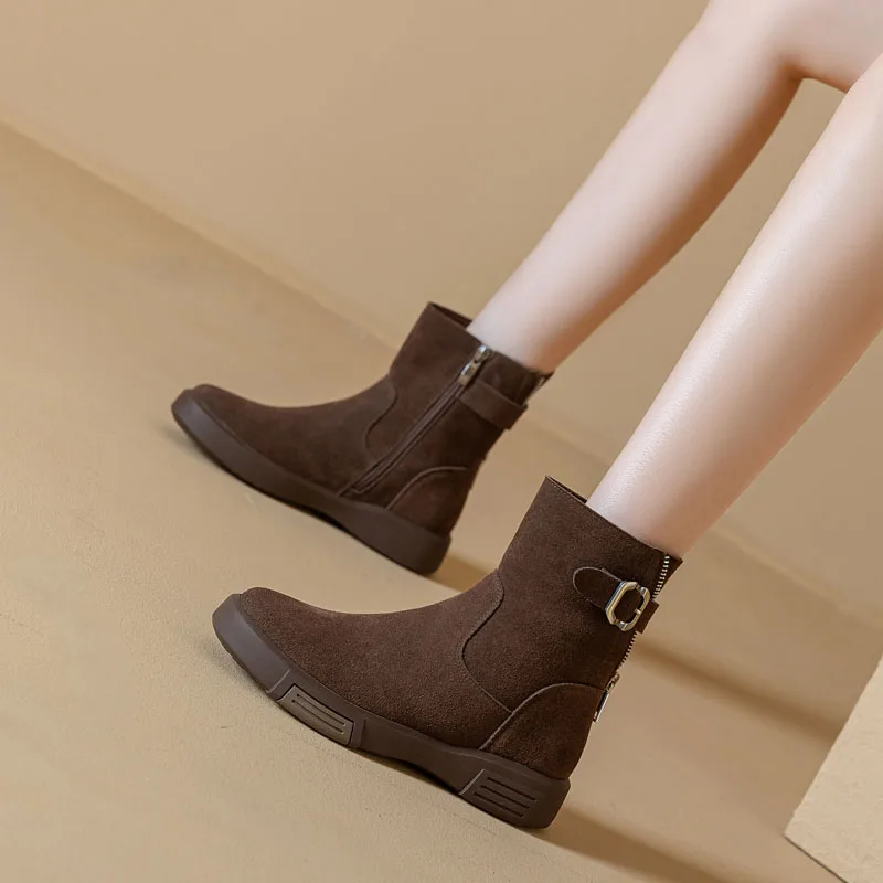 DRKANOL النساء منتصف العجل أحذية الخريف الشتاء تصميم جديد شقة جلد البقر الحقيقي جولة تو سستة منصة عادية أفخم الاتجاه الدافئ الأحذية #3