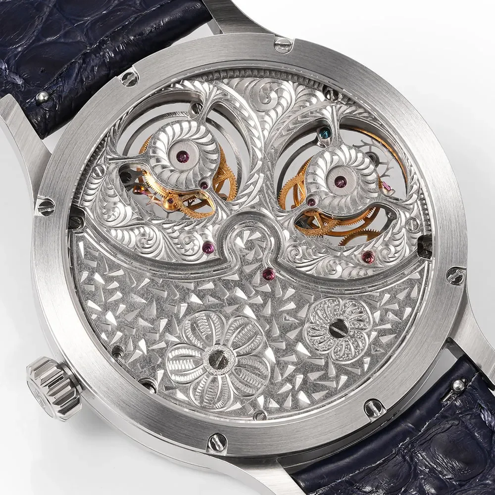 HUASUO Luxury Double Tourbillon Orologi da uomo 45mm Laca Madreperla Quadrante con pietre preziose Shanghai Movimento intagliato personalizzato