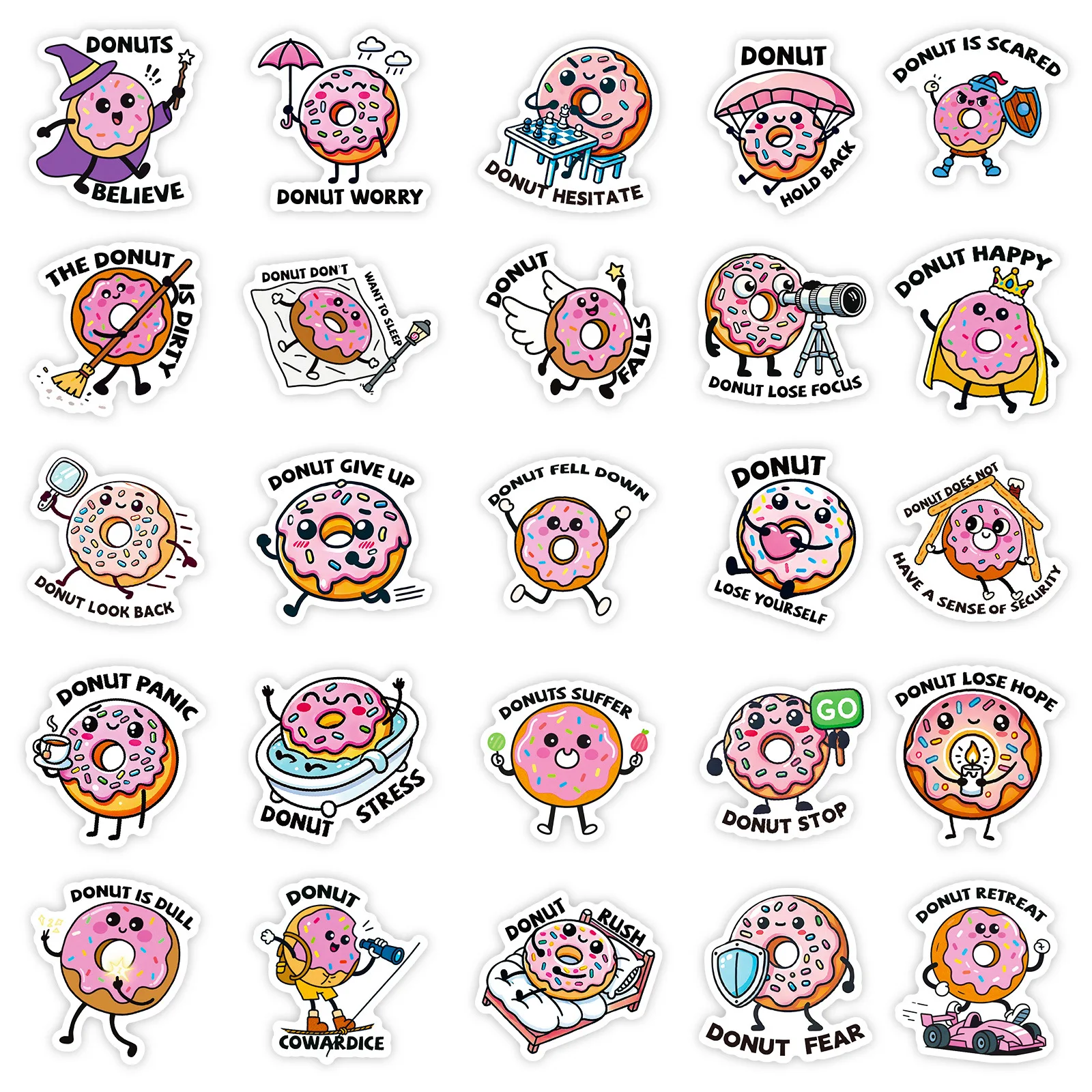 

10/30/56PCS Cartoon Cute Fun Donut Text Stickers Personalized Creative Doodle Decorative Decal Kids Toy DIY Pencil Box Guitar
