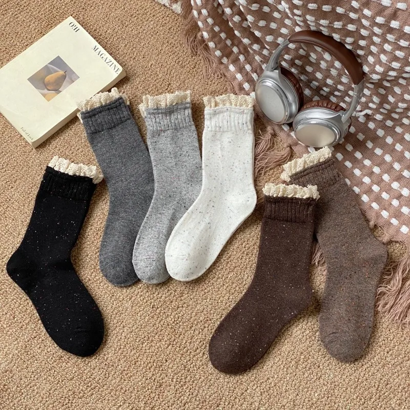 Spring Autumn Lace Ruffle Women Socks Japanese Vintage Middle Tube Lace Socks Women Korean Harajuku Casual High Long Socks