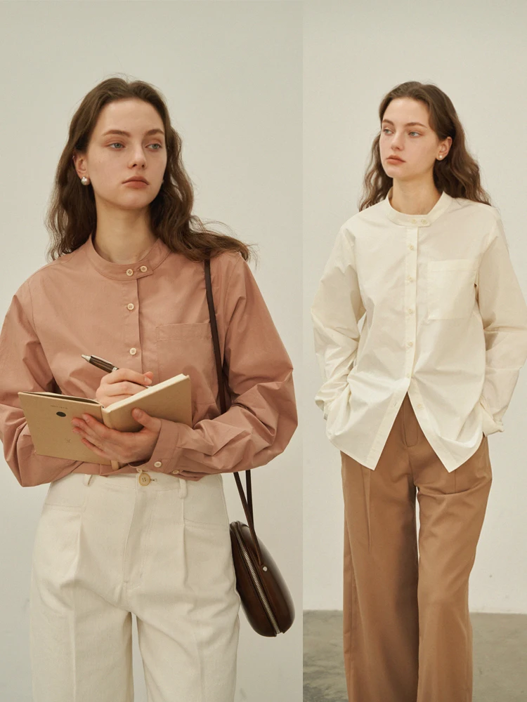 

Женская рубашка из хлопка высокой плотности в ретро-стиле с воротником-стойкой, приталенная, для повседневной носки, с защитой от солнца, с длинными рукавами, стандартного кроя