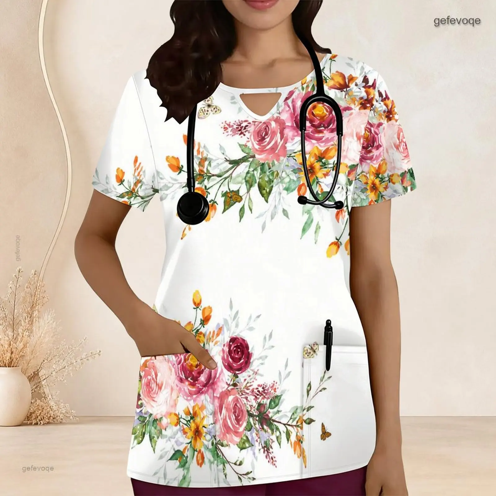 Women Scrub Top with Print Keyhole Neck Short Sleeve Front Pockets