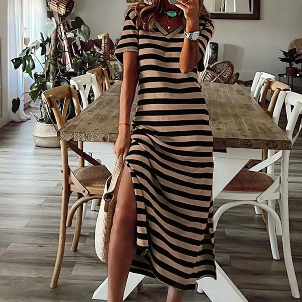 Round Short Sleeve Dress Black And White Striped Dresses Casual Elegant Side Split V Neck Sheath Slim Dress Summer Bodycom Dress