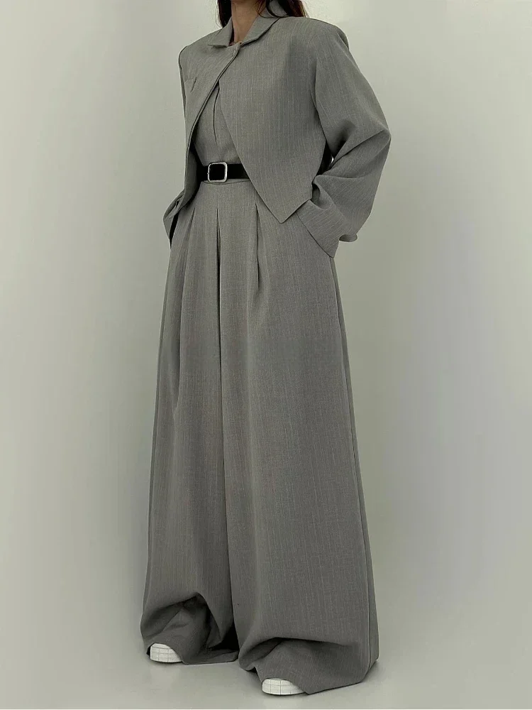 

Женский деловой наряд, укороченный блейзер, топ без бретелек, комбинезон, комбинезон с поясом, широкий комбинезон, осенний повседневный женский комплект из двух предметов