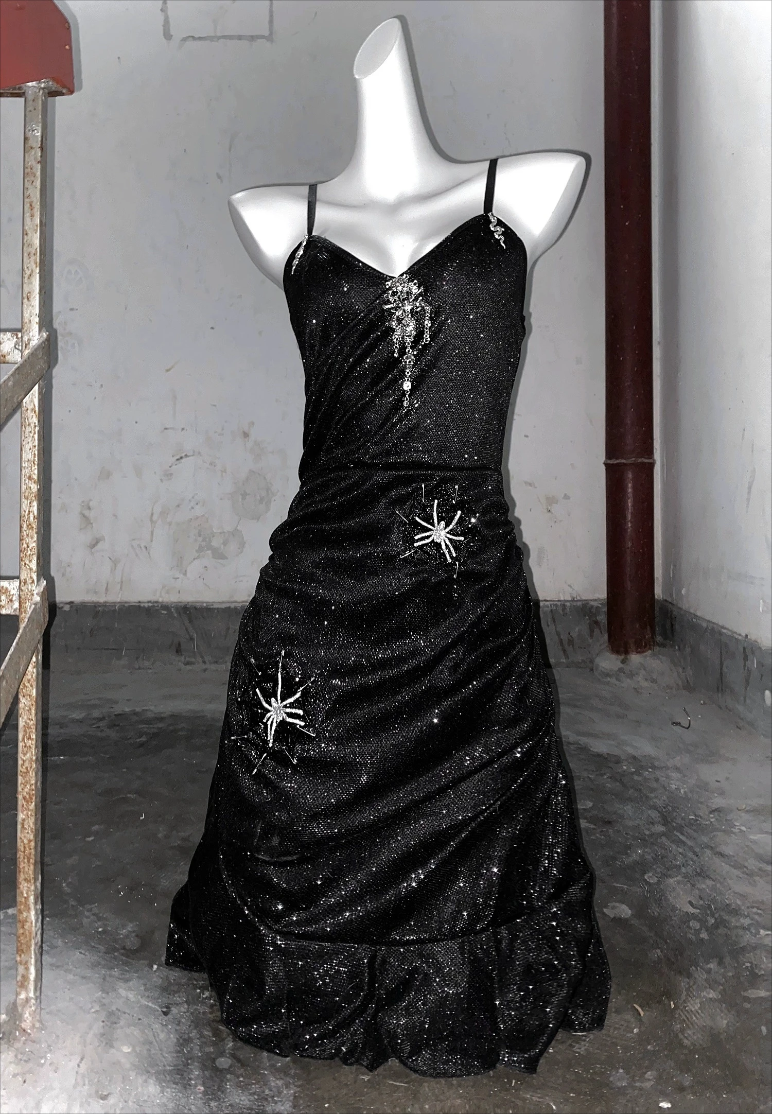 

Gothic Spider Alternative Dress, Handmade 3D Glitter Mesh Mini Dress with Corset Lace, Alternative Rave Party Outfit Lolita