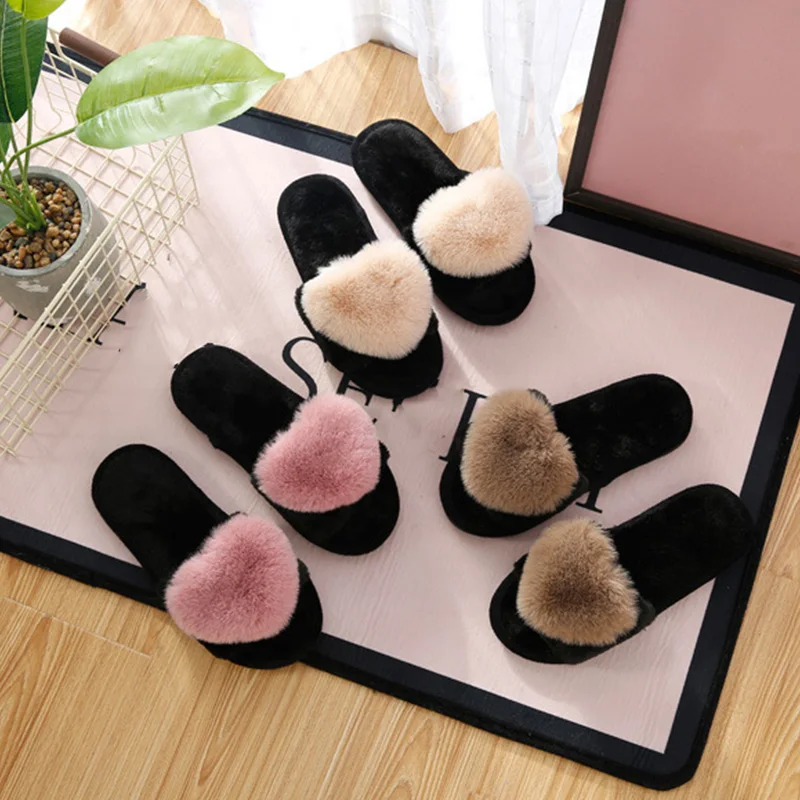 1Pair Non-slip Shoes Flat Bottom Plush Slippers Home Slippers Heart Pattern Cute Winter Women Warm
