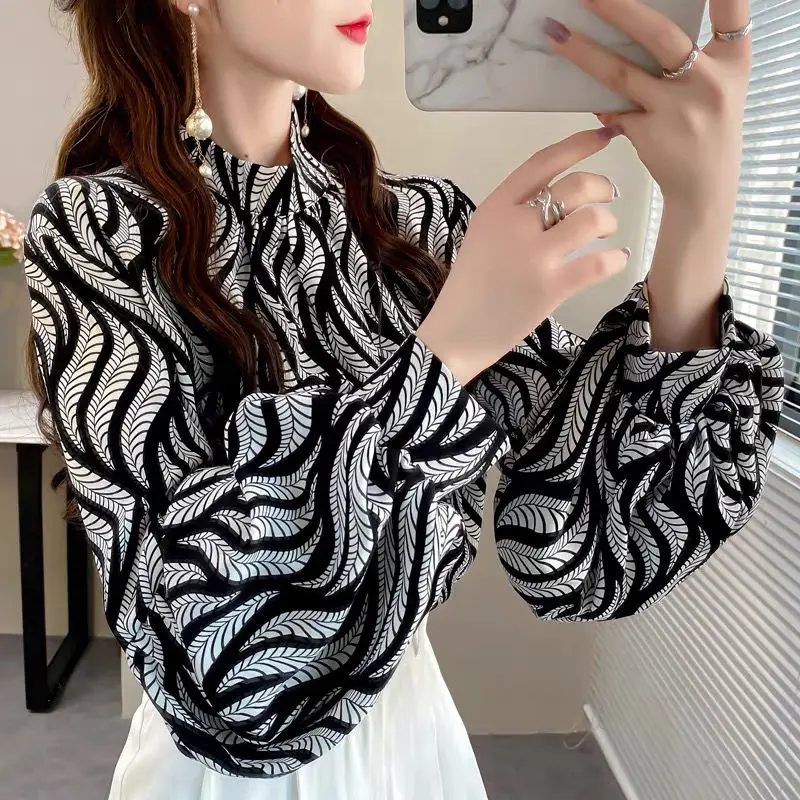 Vintage Printed Chiffon Striped Lantern Sleeve Blouses Women Clothing 2022 New All-match Casual Tops Autumn Office Lady Shirt