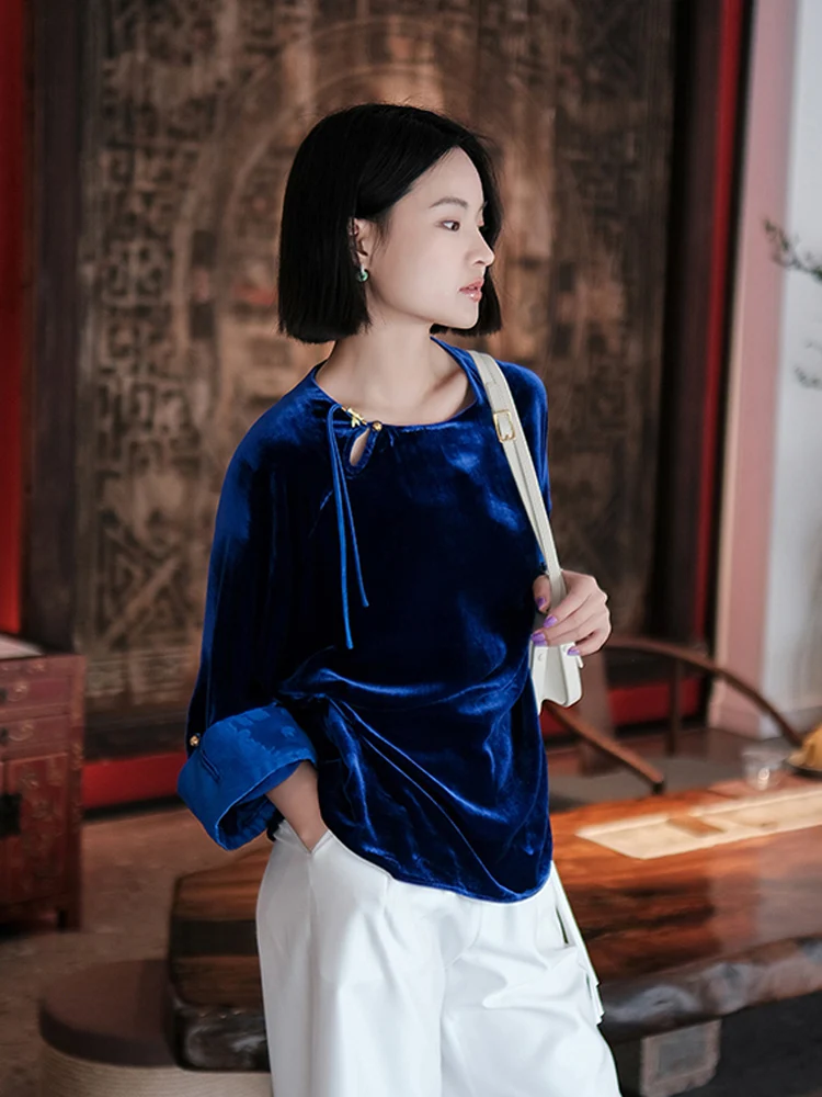 

Новинка: Шелковый топ в китайском стиле из вельвета, длинный рукав, однотонный, для осени и зимы