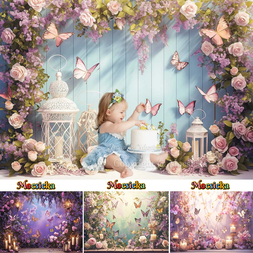 

Butterfly Girl Baby Cake Smash Background Flower Candle Wooden Board Backdrop Decor Kid Birthday Party Portrait Photozone Studio