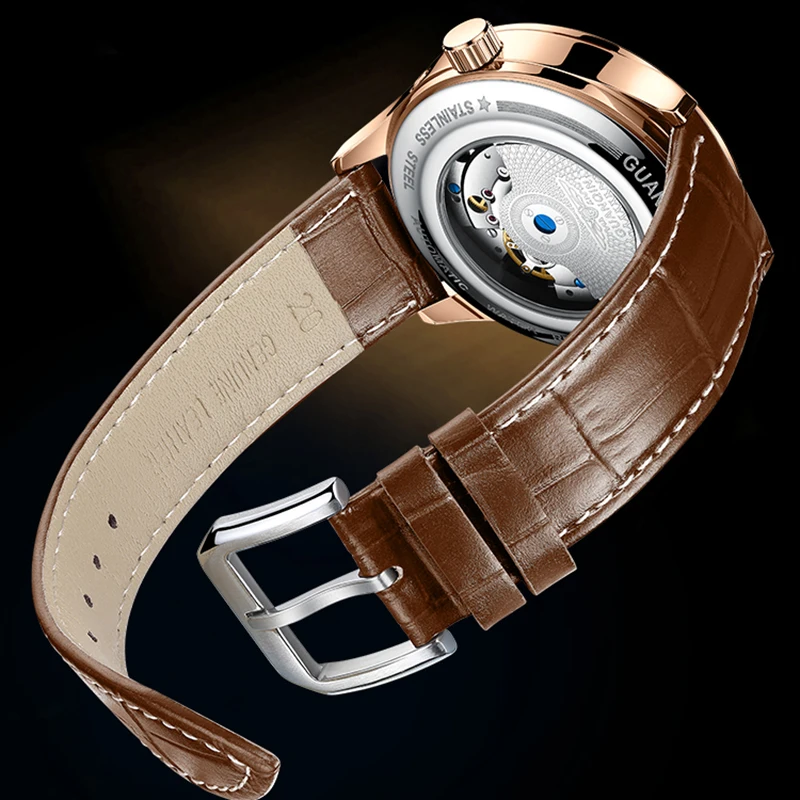 Мужские часы GUANQIN, роскошные автоматические механические стальные кожаные часы с календарем и фазой Луны, деловые водонепроницаемые мужские часы для отдыха