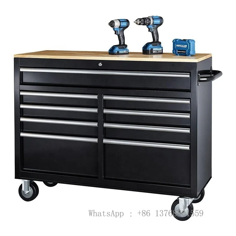 Heavy Duty 46 In. 9-Drawer Trolley Cabinets ,garage Workbench With Solid Wood Top,rolling Tool Box