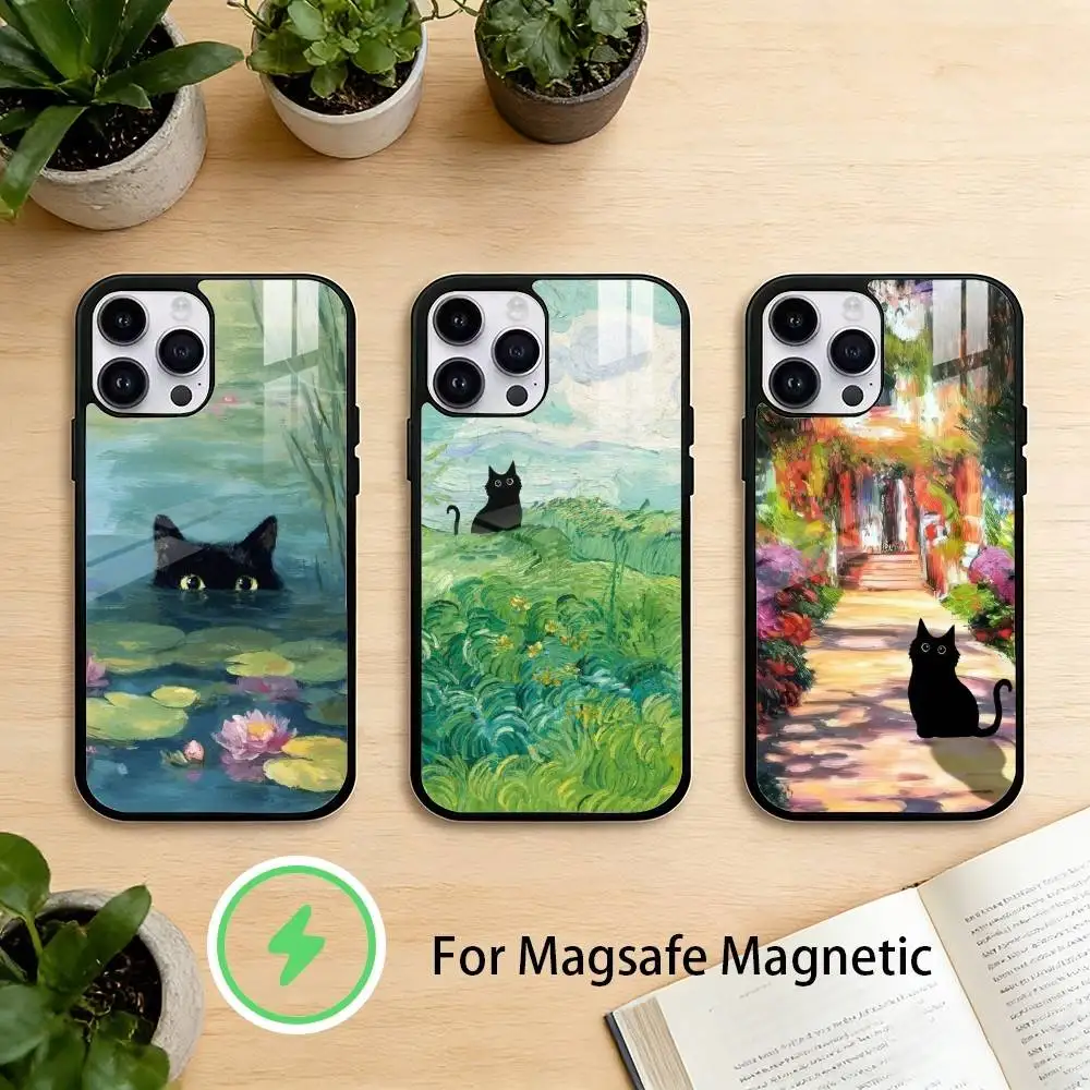 

funny art matisse M-monet black cat Phone Case For iPhone 17 16 15 14 13 12 Pro Max Plus for Mirror Wireless Magnetic Cover
