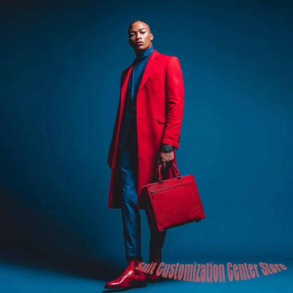 Trendy Business Men's Suits and Separates Red Long Overcoat+Blue Suit Set Single Breasted Formal 3 Pieces for Male Outfit
