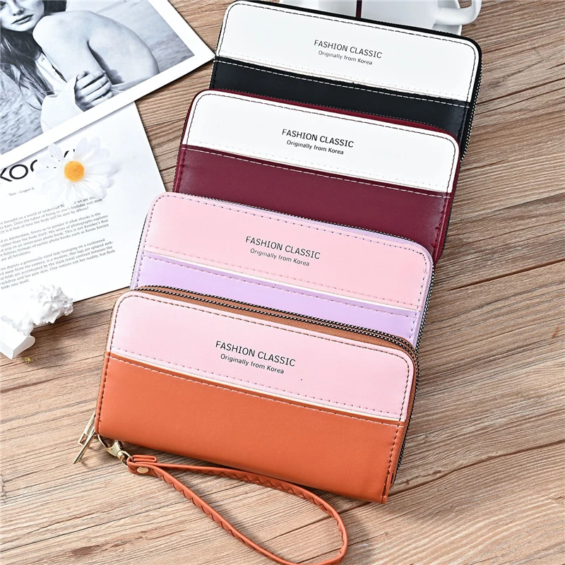 

Women's Long Splicing Wallet Money Clip Double Zipper Clutch Large Capacity Card Holder Female Coin Cash Bag Wristband Purse