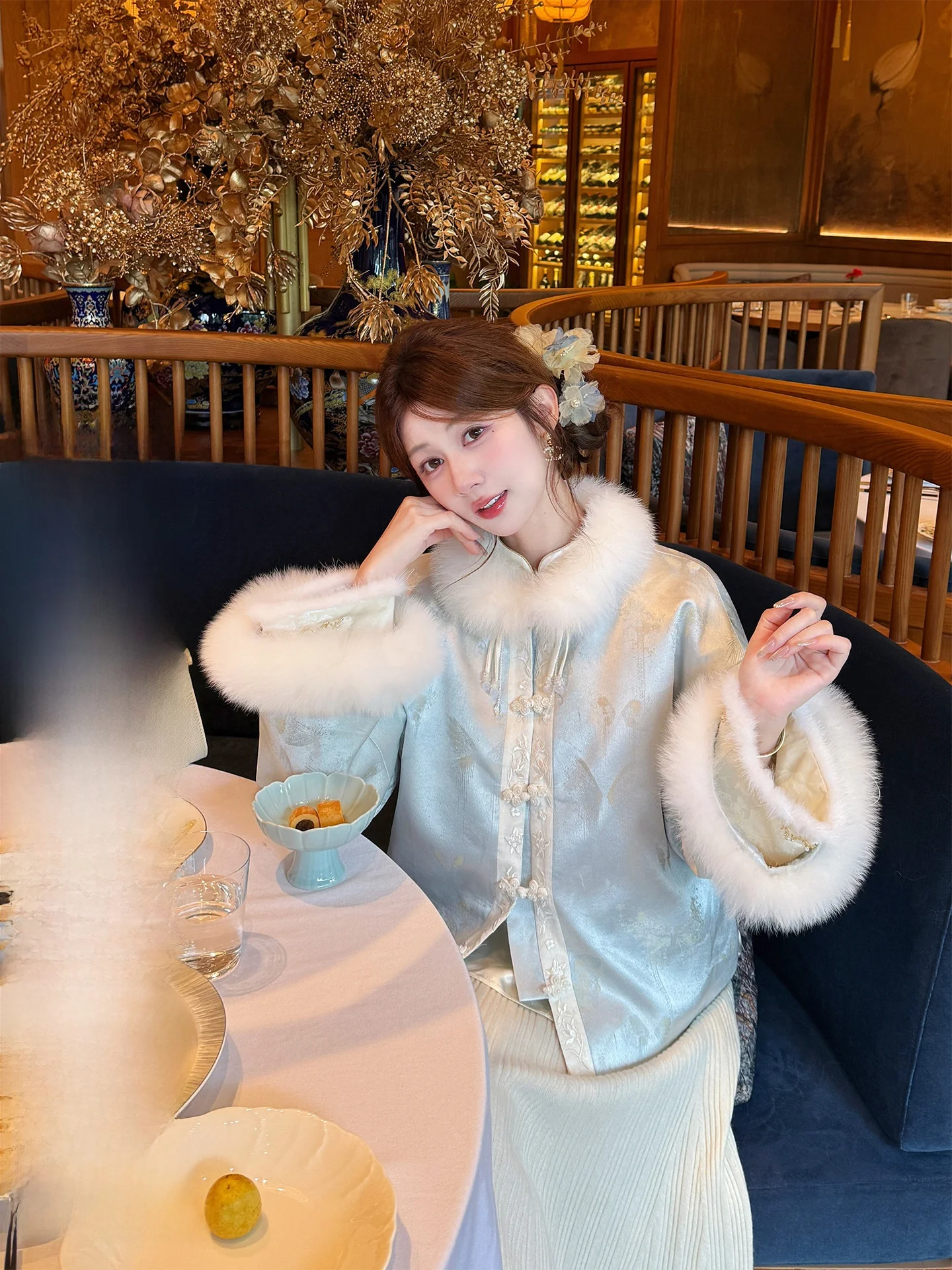 

nai ort Fur Jaet Embroidered Du down Coat Women's Winter Blue Traditional Chinese Sle Floral Patterned Outerwear